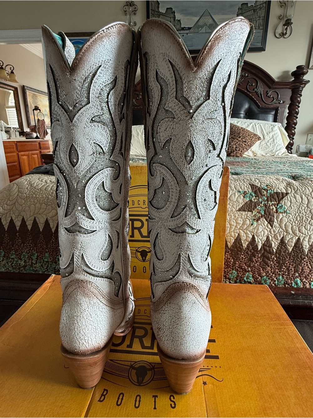 Corral White and Brown Embossed Western Heeled Cowboy Boots